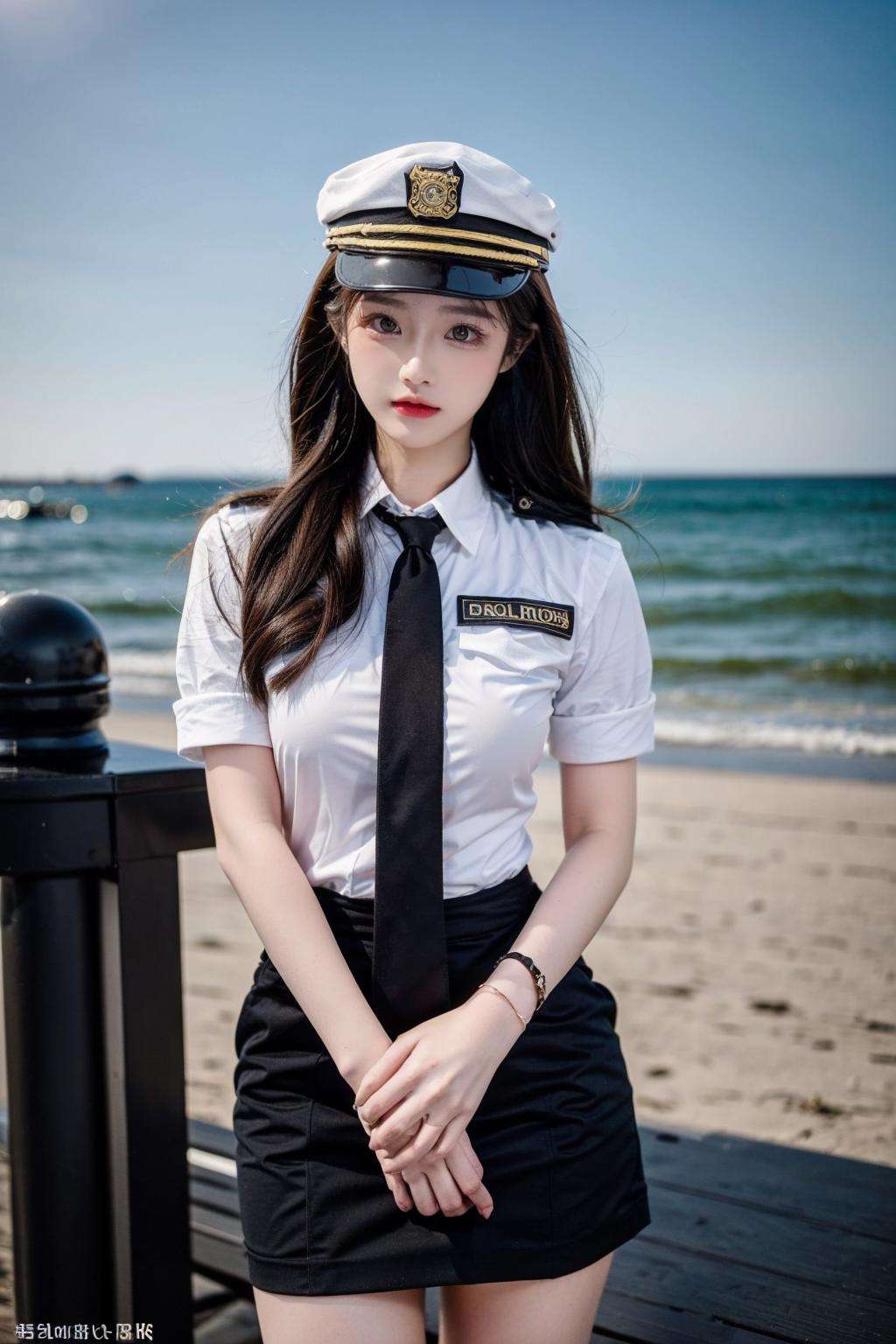 (best quality),[masterpiece],((beautiful:0.75) cute girl:0.75),(EOS R8,50mm,F1.2,8K,RAW photo:1.2),Professional,ultra-fine painting,1girl,long hair,outdoors,(front:1.3),cloud,sky,seaside background,standing,<lora:add_detail:0.6>,<lora:uniform11:0.75> uniform11,police uniform,hat