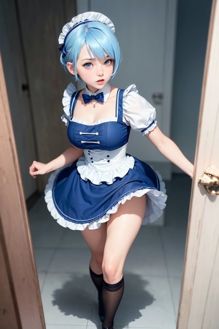 1girl , blue short hair , blue eyes , maid outfit , full body , action shot