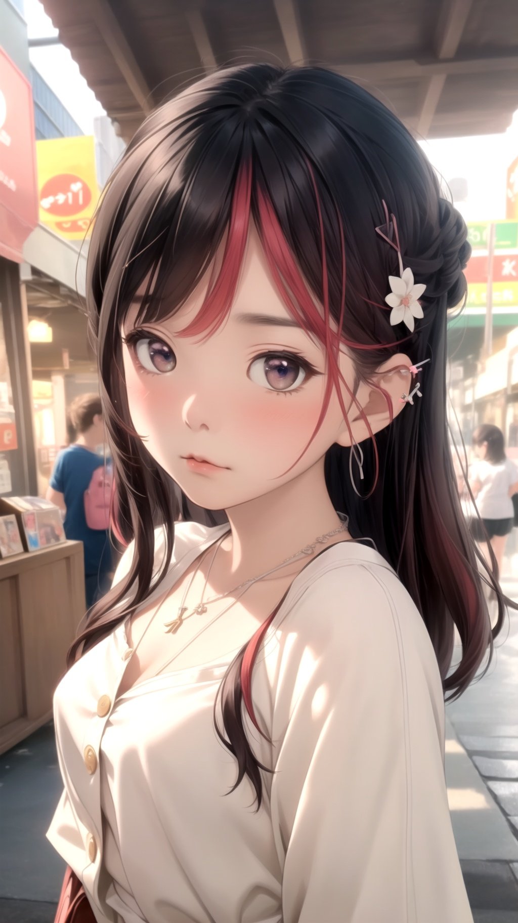 (masterpiece, best quality), intricate details, 1girl, light, medium breasts, (white shirt with button:1.1), hairpin, necklace, blush, sidewalk, detailed face, (portrait:1.4),japeruana