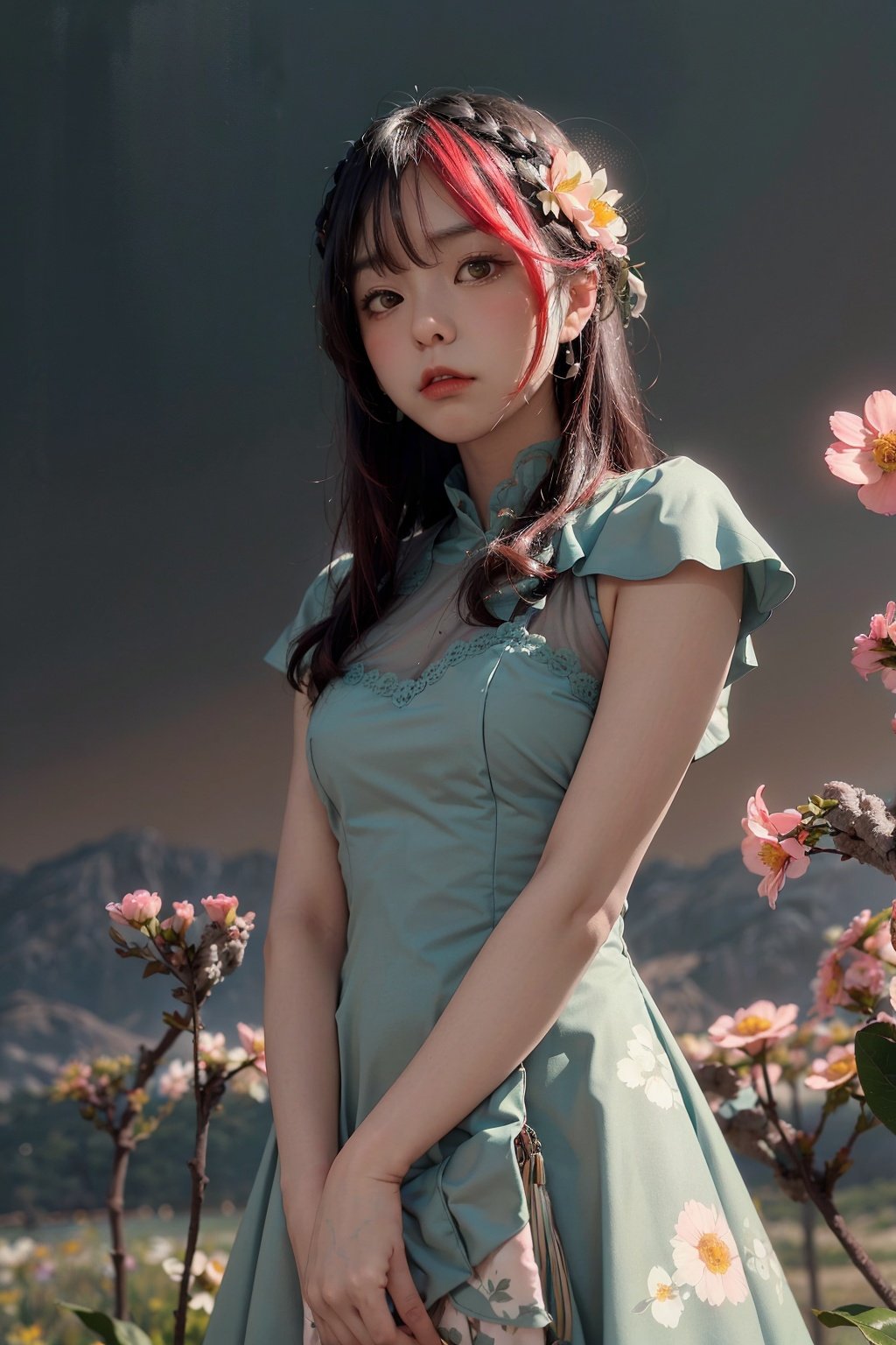 woman, flower dress, colorful, darl background,flower armor,green theme,exposure blend, medium shot, bokeh, (hdr:1.4), high contrast, (cinematic, teal and orange:0.85), (muted colors, dim colors, soothing tones:1.3), low saturation,japeruana