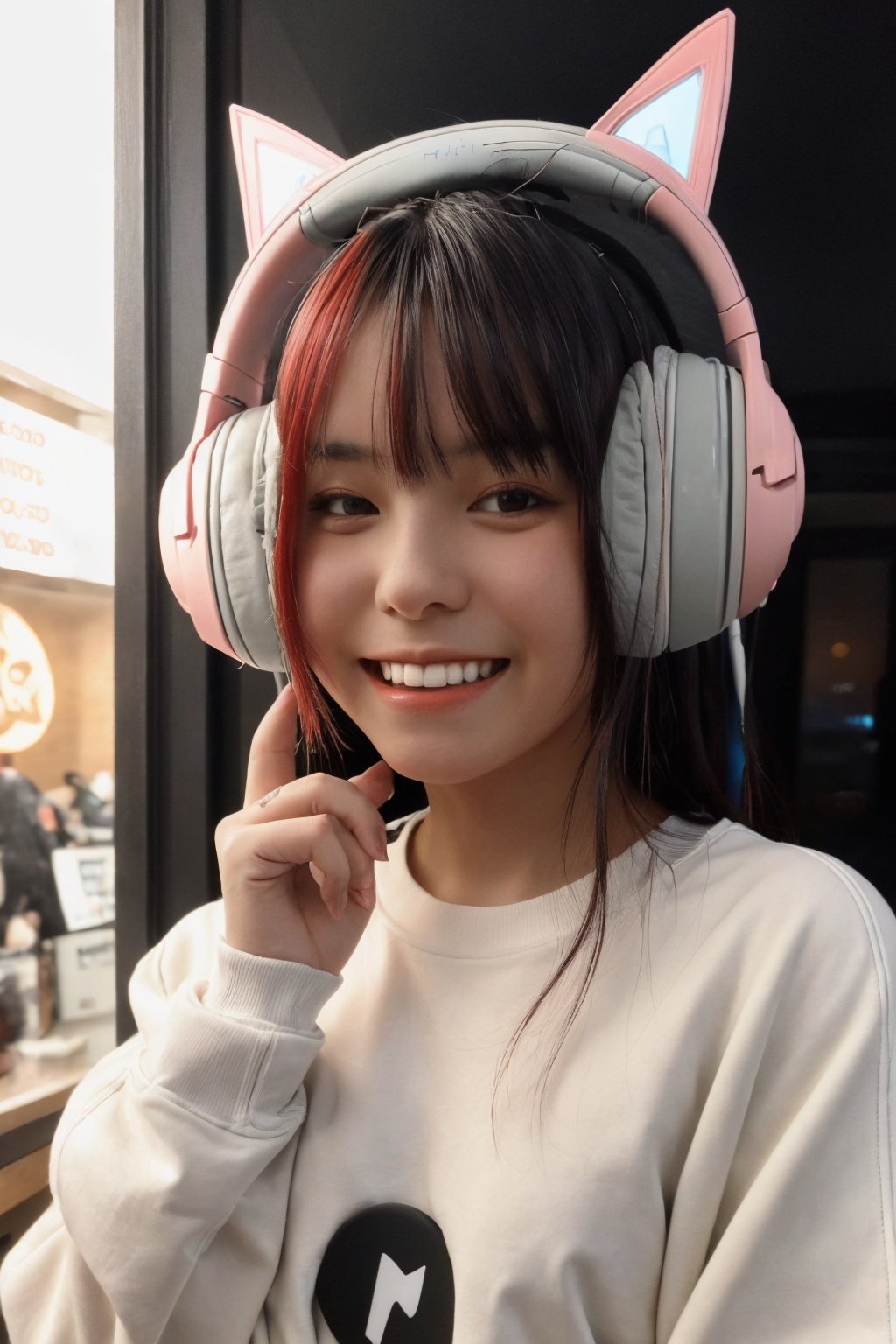 {{A cheerful depiction of a girl}} with a bright smile, wearing stylish headphones and a fashionable hat. This is a contemporary and trendy-inspired image that captures the girl's joy and style. The environment/background should be a vibrant urban street, adding a sense of energy to the scene. The image should be in the style of a high-quality digital photograph, incorporating elements of modern street photography by Brandon Stanton. The medium shot, captured with a medium telephoto lens, will provide a balanced view of the girl and her urban surroundings. The lighting should be natural and flattering, emphasizing her vibrant personality. The desired level of detail is sharp and clear, with a high-resolution rendering that showcases the headphones' details and the hat's texture. The goal is to create an image that radiates positivity and contemporary charm.,japeruana