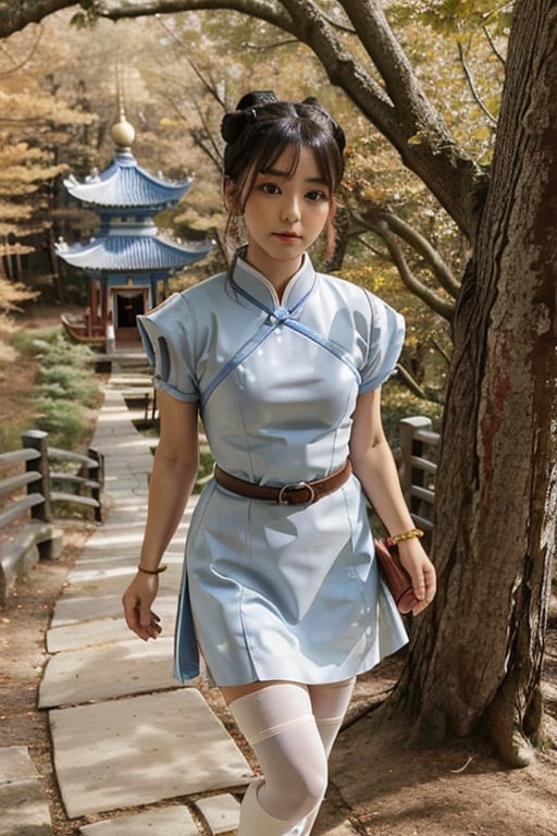 1girl, sf2cl, hair buns, blue chinese dress, qipao, blue outfit, double bun hairstyles, white belt, pantyhose, brown pantyhose, long white boots, at the mountains, trees, budist temple, puffy sleeves, bracelets, spiked bracelets, thick legs,  masterpiece, highness, perfect face, perfect picture, detailed eyes  lora:SF2CL,japeruana