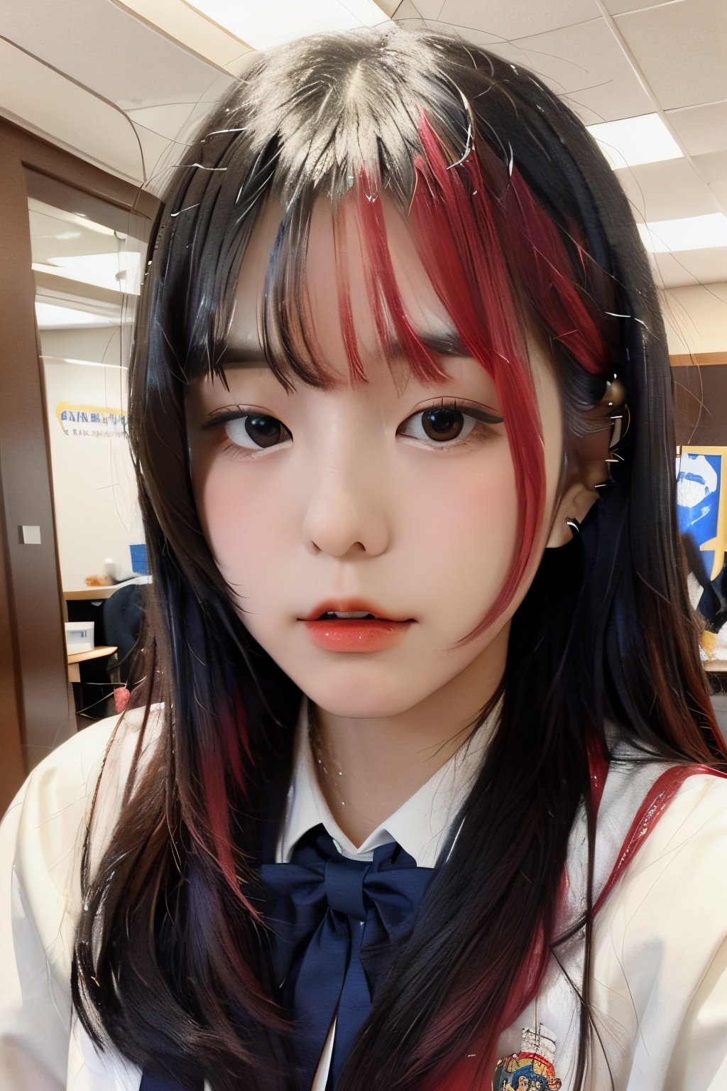 19-year-old woman” by Haerin NewJeans, insanely detailed and intricate, character, hypermaximalist, elegant, ornate, beautiful, exotic, revealing, appealing, attractive, amative, hyper-realistic, super detailed, wearing highschool uniform, popular on Instagram,japeruana