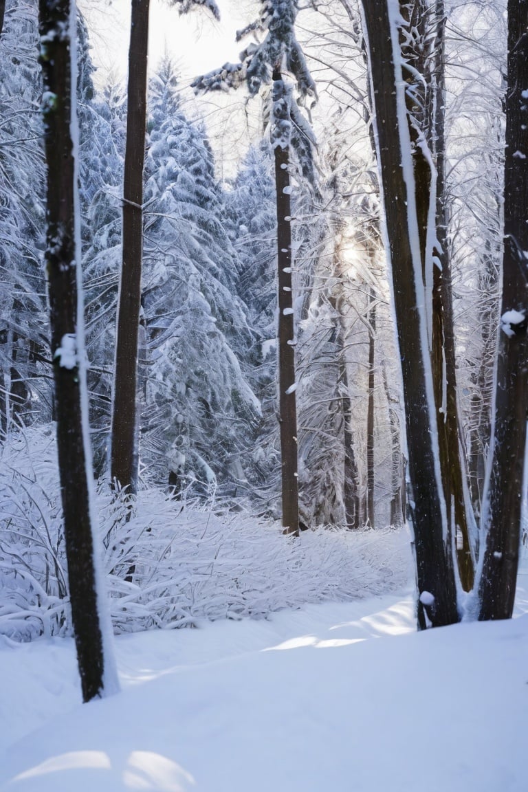  Thick white snow lies on the forest surface, the tranquility of winter, strong light, (winter theme), beautiful winter woods, Fuji, bokeh