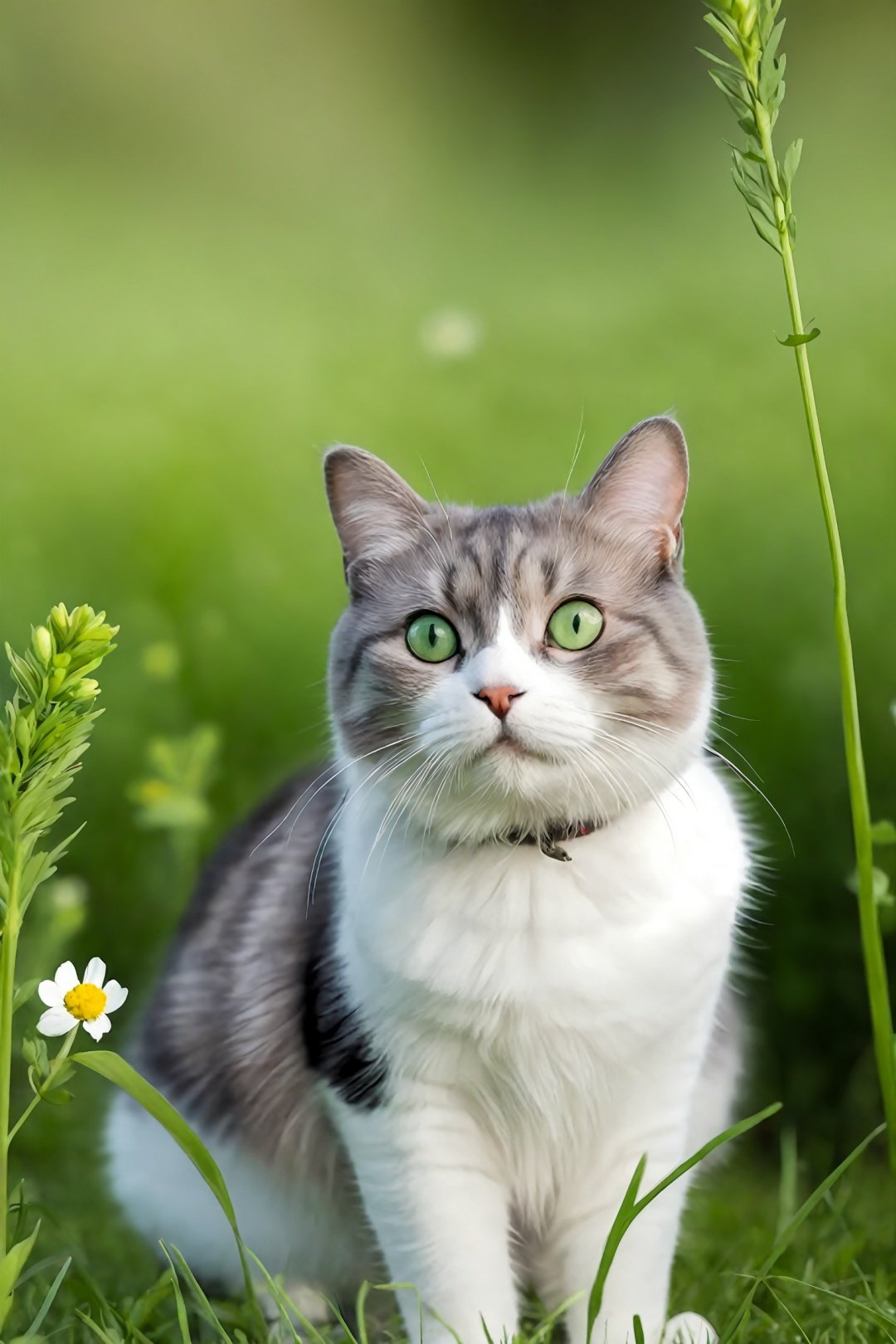 Solo, cat head, caterpillar body, green eyes, full body, flower, outdoor, no people, animals, leaves, grass, plants, animal focus, whiskers