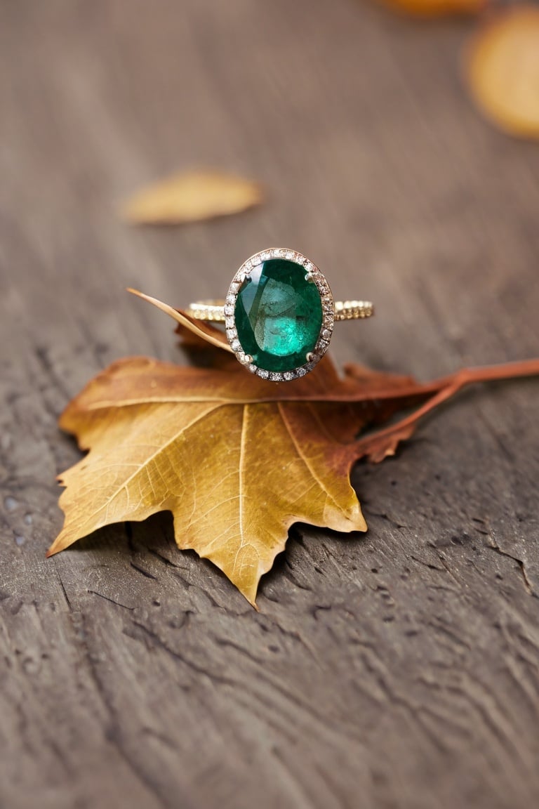 Dead Leaf Covered Ring, Emerald Ring, (advertising flyer), Sparkling Gem Ring, Fuji, bokeh