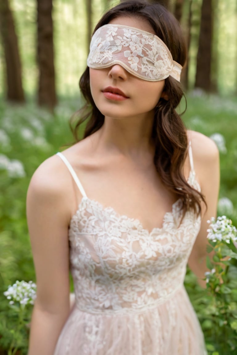  A girl, Blindfold, closeup, real, beautiful woman, model, lace dress, high definition, 32k, wallpaper, poster,Flowers lie on the forest surface, the serenity of spring, soft light, (spring theme), beautiful spring woods, Fuji, bokeh,Flower Blindfold