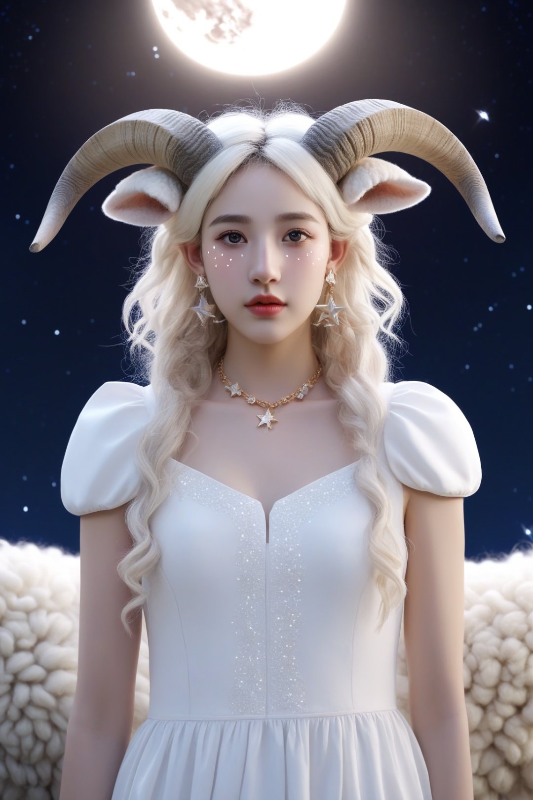  Aries, constellation, 1 girl, solo, long hair, looking at the audience, blonde hair, dress, animal ears, jewelry, upper body, white hair, earrings, horns, sky, necklace, white dress, black eyes, lips, night, stars (sky), night sky, starry sky, realistic, horns, sheep ears, sheep girl