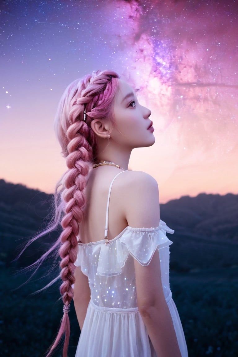  Aquarius, constellation, 1girl, solo, long hair, looking at the audience, hair accessories, dress, bare shoulders, jewelry, upper body, pink hair, braids, sky, necklace, white dress, double braids, lips, night, stars (sky), night sky, hair on shoulders, arms, starry sky, realistic