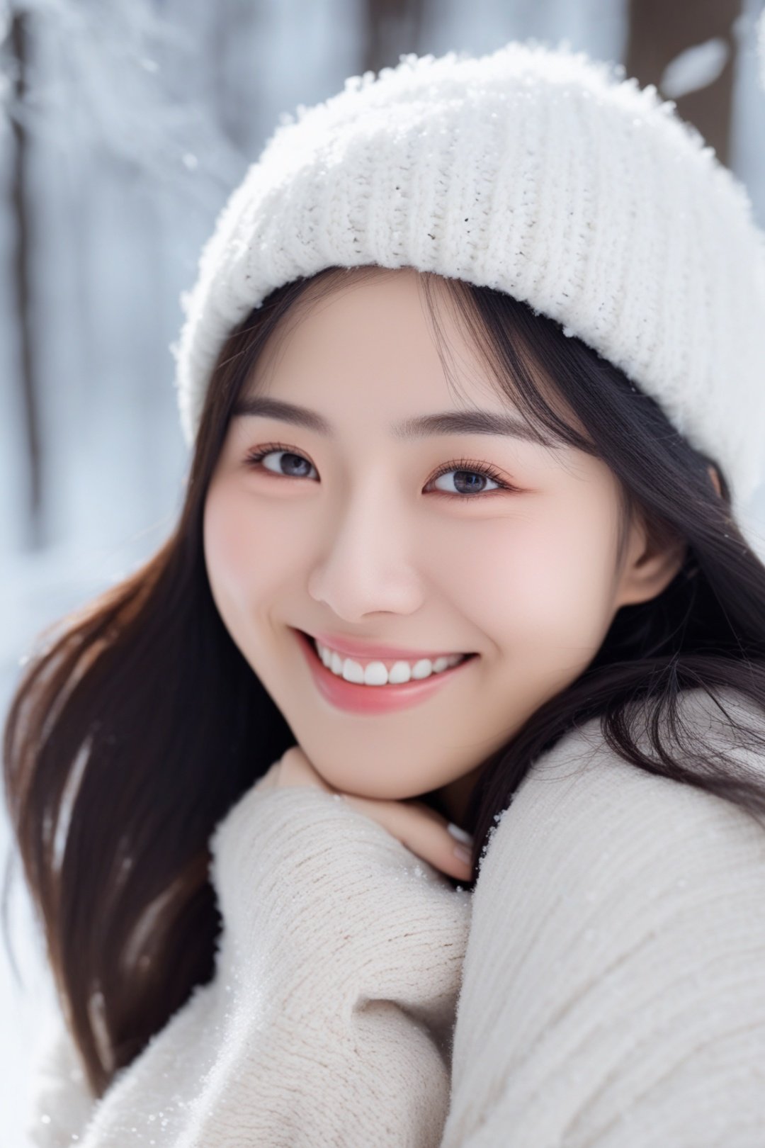  Masterpiece, best quality, poster, wallpaper, real photo, a girl, Asian beautiful woman, big eyes, real skin texture, model, wearing sweater, smile, close-up, thick white snow lying on the forest surface, winter tranquility, strong light, (winter theme), beautiful winter woods, Fuji, bokeh