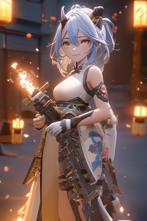 an alone girl with long red color slice gray hair , yellow eye, standing, china city , night time, High detail mature face, 2 short mechanic horn , iron mask, bare leg, bare shoulder, white china dress, white glove, black boot, high res, ultra sharp, 8k, masterpiece, smiling, assault rifle on the girl side, fantasy world, magical radiance background ((Best quality)), ((masterpiece)), 3D, HDR (High Dynamic Range),Ray Tracing, NVIDIA RTX, Super-Resolution, Unreal 5,Subsurface scattering, PBR Texturing, Post-processing, Anisotropic Filtering, Depth-of-field, Maximum clarity and sharpness, Multi-layered textures, Albedo and Specular maps, Surface shading, Accurate simulation of light-material interaction, Perfect proportions, Octane Render, Two-tone lighting, Wide aperture, Low ISO, White balance, Rule of thirds,8K RAW, Aura, masterpiece, best quality, Mysterious expression, magical effects like sparkles or energy, flowing robes or enchanting attire, mechanic creatures or mystical background, rim lighting, side lighting, cinematic light, ultra high res, 8k uhd, film grain, best shadow, delicate, RAW, light particles, detailed skin texture, detailed cloth texture, beautiful face, (masterpiece), best quality, expressive eyes, perfect face,