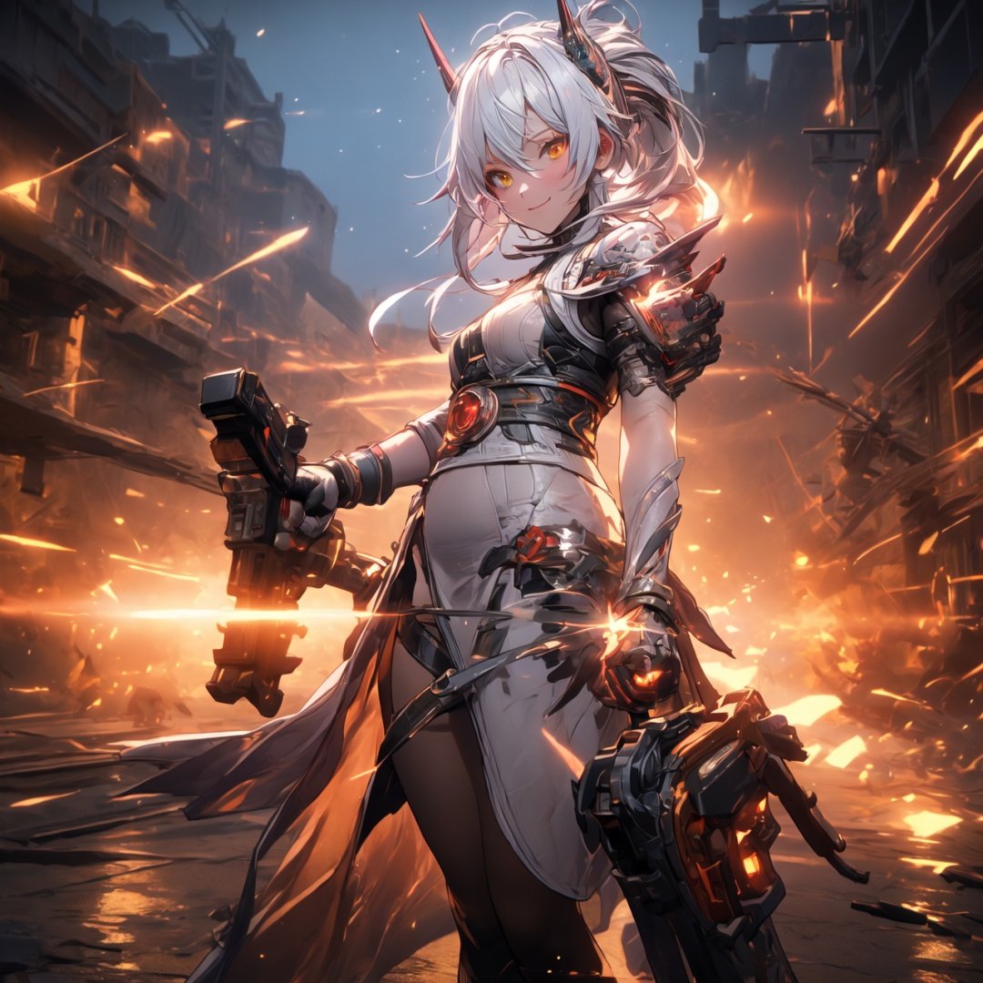 an alone mature girl, long red slice gray hair style, yellow eye, standing, china city, night time, high detail mature face, headgear,bare shoulder, china dress, white glove, black boot, black stocking, high res, ultra sharp, 8k, masterpiece, smiling, weapon, fantasy world, magical radiance background ((Best quality)), ((masterpiece)), 3D, HDR (High Dynamic Range),Ray Tracing, NVIDIA RTX, Super-Resolution, Unreal 5,Subsurface scattering, PBR Texturing, Post-processing, Anisotropic Filtering, Depth-of-field, Maximum clarity and sharpness, Multi-layered textures, Albedo and Specular maps, Surface shading, Accurate simulation of light-material interaction, Perfect proportions, Octane Render, Two-tone lighting, Wide aperture, Low ISO, White balance, Rule of thirds,8K RAW, Aura, masterpiece, best quality, Mysterious expression, magical effects like sparkles or energy, flowing robes or enchanting attire, mechanic creatures or mystical background, rim lighting, side lighting, cinematic light, ultra high res, 8k uhd, film grain, best shadow, delicate, RAW, light particles, detailed skin texture, detailed cloth texture, beautiful face, (masterpiece), best quality, expressive eyes, perfect face,1 girl,alpha