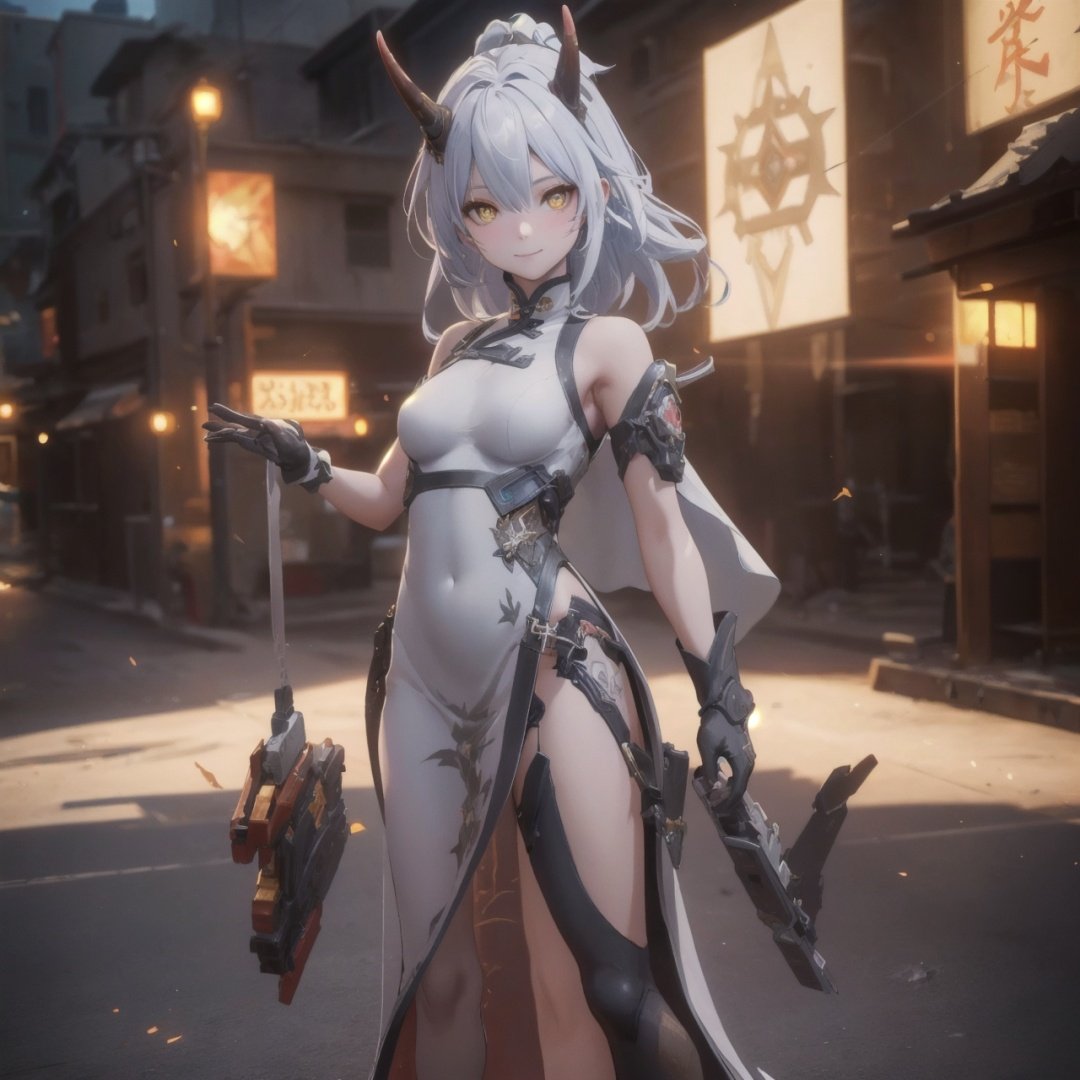 an alone mature girl with long red color slice gray hair , yellow eye, standing, china city , night time, High detail mature face, 2 short mechanic horn , iron mask, bare leg, bare shoulder, white china dress, white glove, black boot, high res, ultra sharp, 8k, masterpiece, smiling, weapon, fantasy world, magical radiance background ((Best quality)), ((masterpiece)), 3D, HDR (High Dynamic Range),Ray Tracing, NVIDIA RTX, Super-Resolution, Unreal 5,Subsurface scattering, PBR Texturing, Post-processing, Anisotropic Filtering, Depth-of-field, Maximum clarity and sharpness, Multi-layered textures, Albedo and Specular maps, Surface shading, Accurate simulation of light-material interaction, Perfect proportions, Octane Render, Two-tone lighting, Wide aperture, Low ISO, White balance, Rule of thirds,8K RAW, Aura, masterpiece, best quality, Mysterious expression, magical effects like sparkles or energy, flowing robes or enchanting attire, mechanic creatures or mystical background, rim lighting, side lighting, cinematic light, ultra high res, 8k uhd, film grain, best shadow, delicate, RAW, light particles, detailed skin texture, detailed cloth texture, beautiful face, (masterpiece), best quality, expressive eyes, perfect face,mecha musume