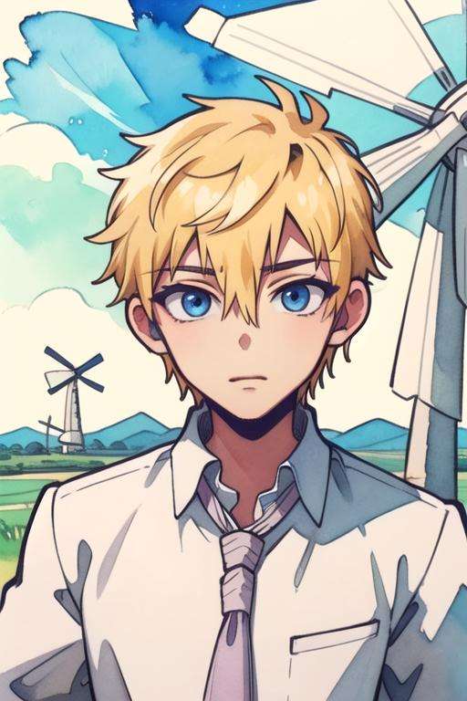 masterpiece, best quality, , 1boy, solo, male focus, looking at viewer, upper body, depth of field, (watercolor illustration, soft pastel colors:1.1), , <lora:teru_minamoto:0.66>, teru_minamoto, blonde hair, blue eyes, , windmill,