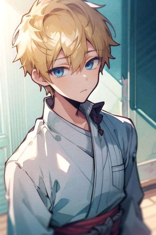 masterpiece, best quality, game cg, 1boy, solo, male focus, looking at viewer, upper body, depth of field, (watercolor illustration, soft pastel colors:1.1), , <lora:teru_minamoto:0.66>, teru_minamoto, blonde hair, blue eyes, japanese costume, ,