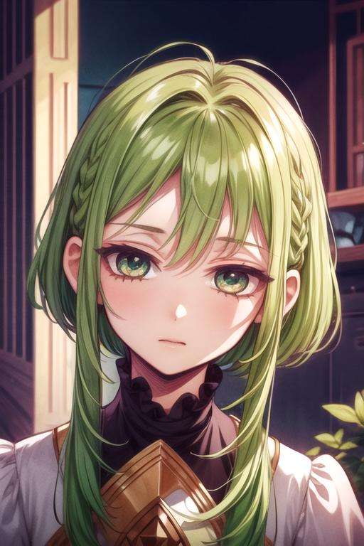 masterpiece, best quality, game cg, 1girl, solo, looking at viewer, , depth of field, , realistic, <lora:sakura_nanamine:0.72>, sakura_nanamine, green hair, green eyes, sidelocks, short hair with long locks, , Shambhala: A hidden paradise where enlightened beings live in perfect harmony,