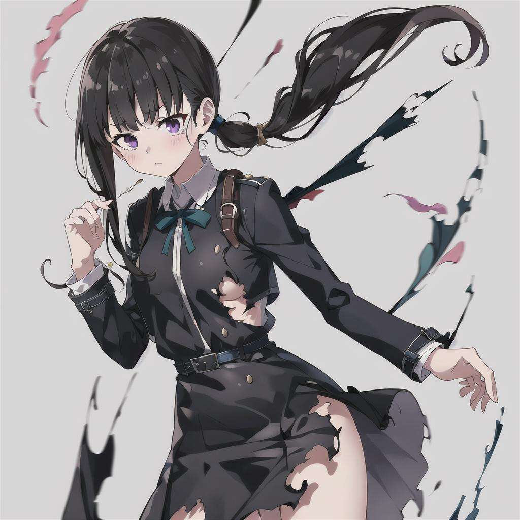 high quality, best quality, masterpiece, absurdres, black_jacket, ribbon, purple_eyes, black_hair, long_hair, sad,  <lora:lycorisRecoilTakina_takinaInoueBeta01:0.75>, 1girl, torn clothes, cloth pieces,  <lora:torn:0.75>