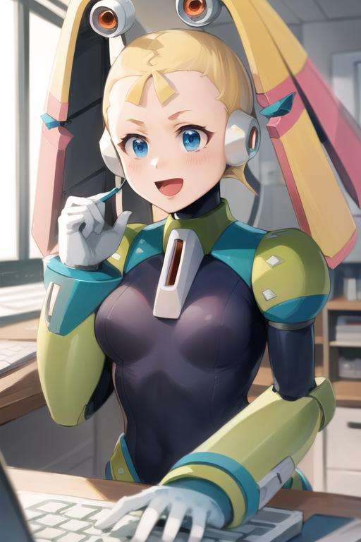 masterpiece, high quality, pallette_megamanx, blonde hair, long hair, blue eyes, android, robot ears, :d, twintails, portrait, small breasts, gloves, computer laboratory, <lora:Pallette_MegaMan_X_V-10:1>