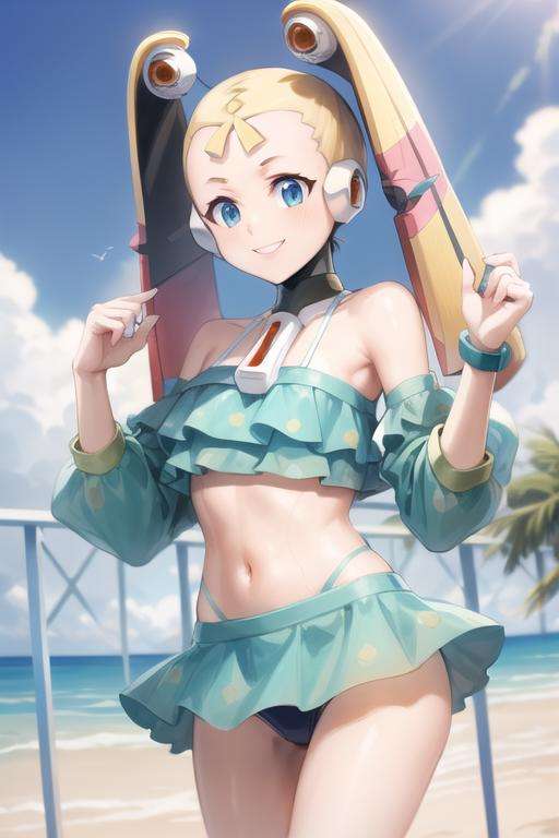 masterpiece, high quality, pallette_megamanx, blonde hair, long hair, blue eyes, robot ears, smile, (bikini, swimsuit:1.2), twintails, small breasts, beach, <lora:Pallette_MegaMan_X_V-10:1>