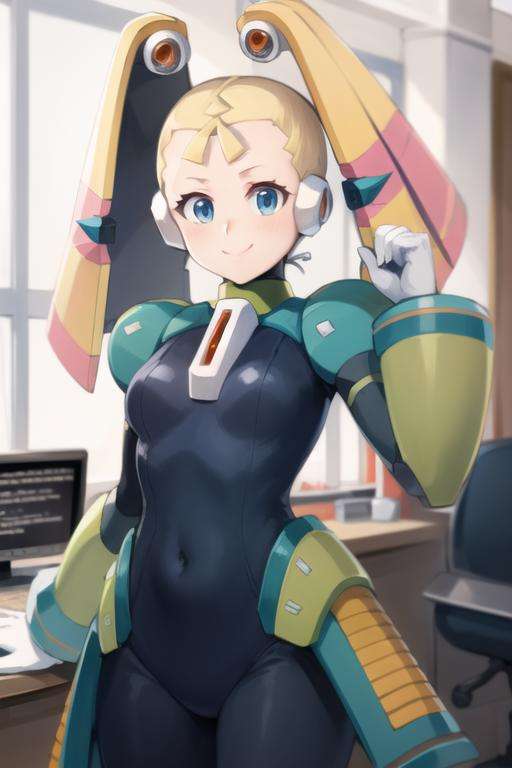 masterpiece, high quality, pallette_megamanx, blonde hair, long hair, smile, blue eyes, android, robot ears, twintails, small breasts, gloves, Wide shot, computer laboratory, <lora:Pallette_MegaMan_X_V-10:1>