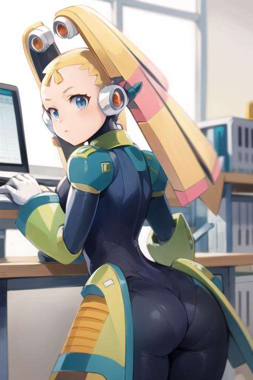 masterpiece, high quality, pallette_megamanx, blonde hair, long hair, blue eyes, android, robot ears, twintails, small breasts, gloves, from behind, computer laboratory, <lora:Pallette_MegaMan_X_V-10:1>