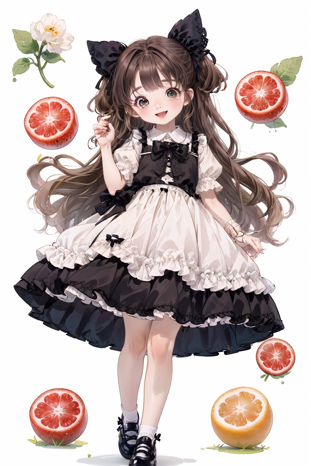 qzqban, 1girl, solo, bow, green eyes, dress, white dress, long hair, food, blonde hair, two side up, fruit, white background, short sleeves, smile, hair bow, black bow, puffy sleeves, shoes, full body, bangs, looking at viewer, simple background, open mouth, puffy short sleeves, :d, blush, standing, very long hair, standing on one leg, socks, fang, white socks, yellow footwear, hair intakes, holding