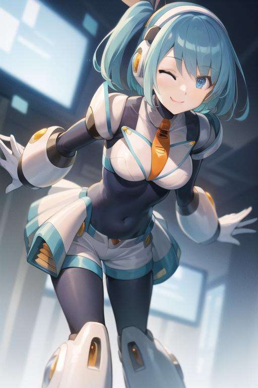 rico_megamanxdive, 1girl, solo, blue eyes, blue hair, bodysuit, android, smile, cyberspace, one eye closed, (leaning forward:1.1), short hair, <lora:RiCO_MegaMan_XDiVE_V-09:0.9>