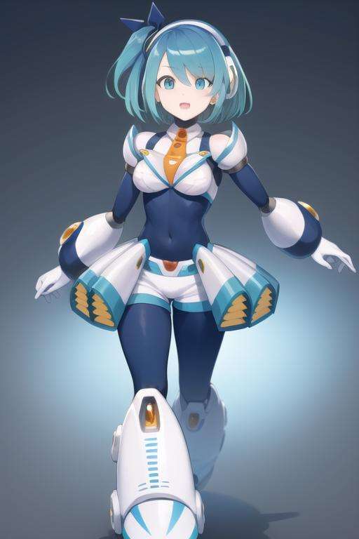 rico_megamanxdive, 1girl, solo, blue eyes, short hair, blue hair, android, full body, masterpiece, high quality, <lora:RiCO_MegaMan_XDiVE_V-09:0.9>