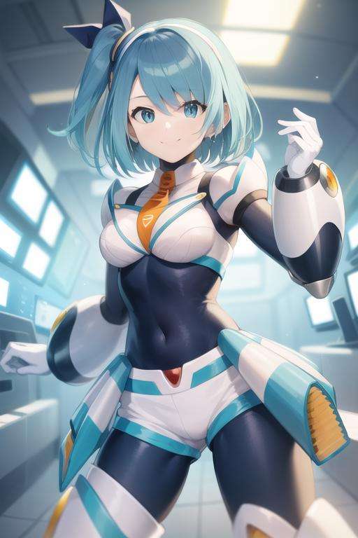 rico_megamanxdive, 1girl, solo, blue eyes, short hair, blue hair, android, bodysuit, smile, laboratory, masterpiece, high quality, <lora:RiCO_MegaMan_XDiVE_V-09:0.9>