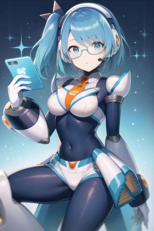 rico_megamanxdive, 1girl, solo, blue eyes, short hair, blue hair, android, bodysuit, glasses, cyberspace, masterpiece, high quality, <lora:RiCO_MegaMan_XDiVE_V-09:0.9>