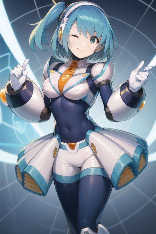 rico_megamanxdive, 1girl, solo, blue eyes, blue hair, bodysuit, android, smile, cyberspace, one eye closed, short hair, <lora:RiCO_MegaMan_XDiVE_V-09:0.9>