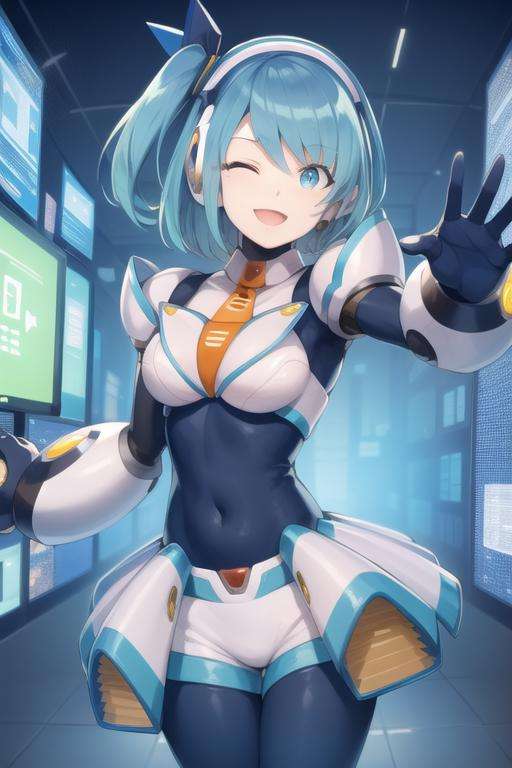 rico_megamanxdive, 1girl, solo, blue eyes, short hair, blue hair, android, bodysuit, cyberspace, smile, one eye closed, masterpiece, high quality, <lora:RiCO_MegaMan_XDiVE_V-09:0.9>