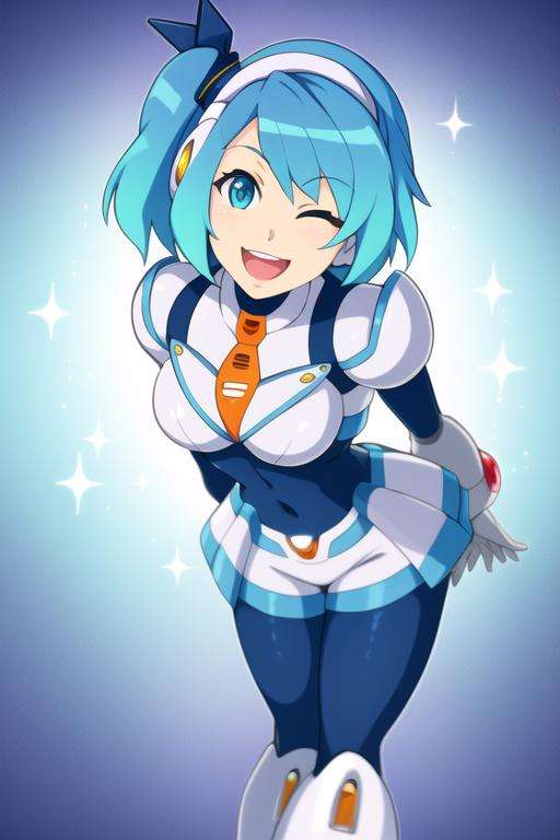 rico_megamanxdive, 1girl, solo, blue eyes, blue hair, bodysuit, android, smile, cyberspace, one eye closed, (leaning forward:1.1), arms behind back, short hair, <lora:RiCO_MegaMan_XDiVE_V-09:0.9>