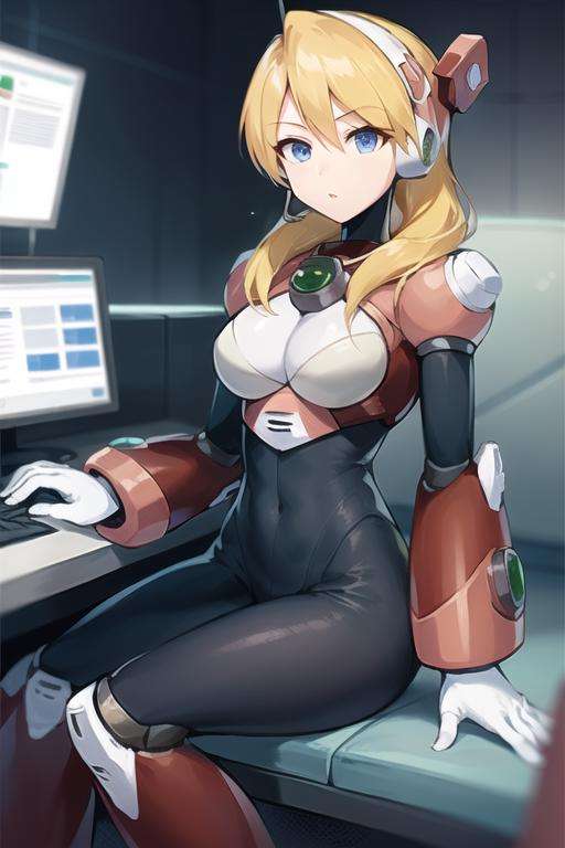 alia_megamanx, 1girl, solo, breasts, blue eyes, blonde hair, android, long hair, robot ears, sitting in chair front of computer, futuristic laboratory, masterpiece, high quality, <lora:Alia_Mega_Man_X_V-09:1>