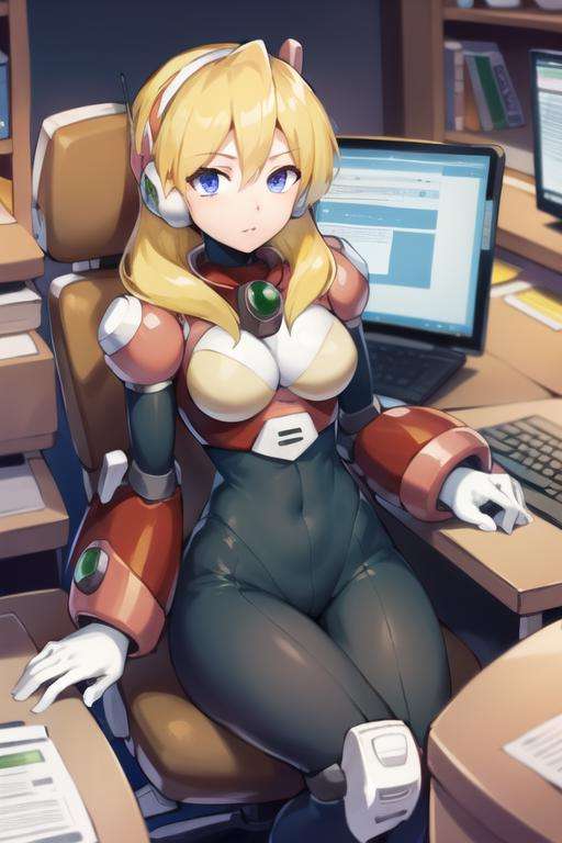 alia_megamanx, 1girl, solo, breasts, blue eyes, blonde hair, android, long hair, robot ears, sitting in chair front of computer, laboratory, masterpiece, high quality, <lora:Alia_Mega_Man_X_V-09:1>