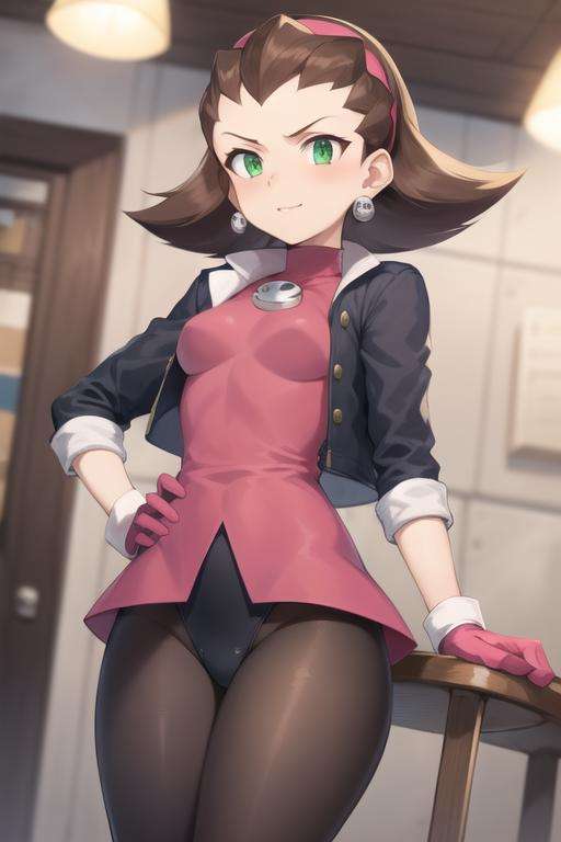 tron_bonne_megamanl, 1girl, solo, green eyes, brown hair, gloves, earrings, hairband, jewelry, cropped jacket, pantyhose, pink gloves, hair pulled back, <lora:Tron_Bonne_MegaMan_Legends_V-08:0.7>