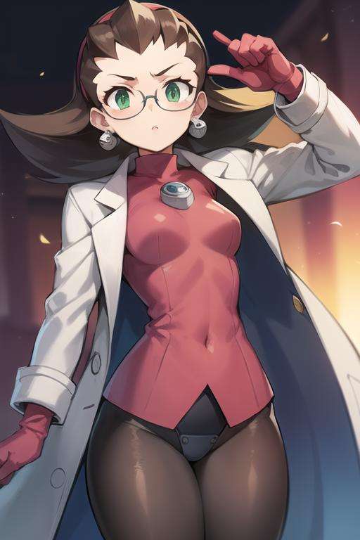 tron_bonne_megamanl, 1girl, solo, green eyes, brown hair, gloves, earrings, hairband, jewelry, cropped jacket, pantyhose, pink gloves, hair pulled back, glasses, ((labcoat)), 2d, masterpiece, best quality, anime, high quality, <lora:Tron_Bonne_MegaMan_Legends_V-08:0.7>