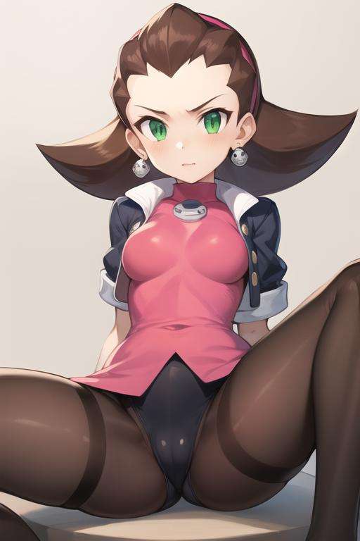 tron_bonne_megamanl, 1girl, solo, green eyes, brown hair, gloves, earrings, hairband, jewelry, cropped jacket, pantyhose, pink gloves, hair pulled back, spread legs, masterpiece, high quality, <lora:Tron_Bonne_MegaMan_Legends_V-08:0.7>