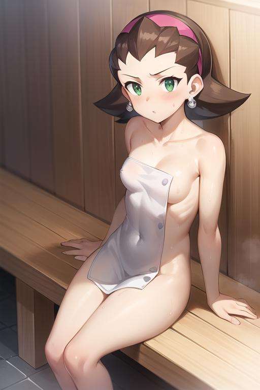 tron_bonne_megamanl, 1girl, solo, green eyes, brown hair, earrings, hairband, jewelry, hair pulled back, naked body, sweaty skin, her torso is wrapped in a white wool towel, she is sitting on a bench in the sauna with her legs crossed, steam in the room, 2d, masterpiece, best quality, anime, high quality, <lora:Tron_Bonne_MegaMan_Legends_V-08:0.7>