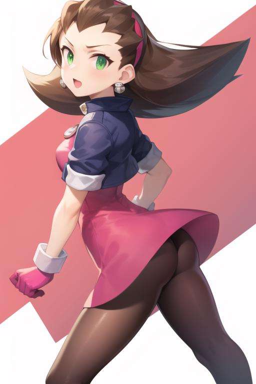 tron_bonne_megamanl, 1girl, solo, green eyes, brown hair, gloves, earrings, hairband, jewelry, cropped jacket, pantyhose, pink gloves, hair pulled back, from behind, masterpiece, high quality, <lora:Tron_Bonne_MegaMan_Legends_V-08:0.7>