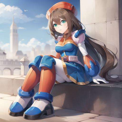 iris_megamanx, 1girl, solo, android, long hair, breasts, brown hair, hat, green eyes, white gloves, beret, white footwear, full body, masterpiece, high quality, <lora:Iris_MegaMan_X_V-06:0.9>