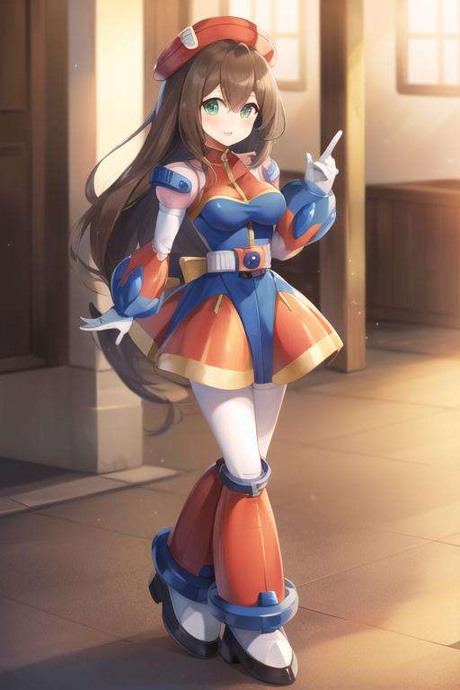 iris_megamanx, 1girl, solo, android, long hair, breasts, brown hair, hat, green eyes, white gloves, beret, white footwear, full body, masterpiece, high quality, <lora:Iris_MegaMan_X_V-06:0.9>