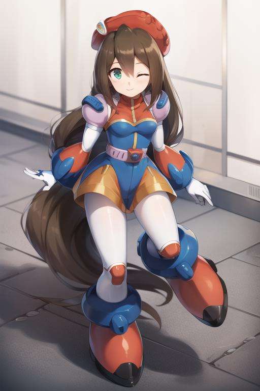 iris_megamanx, 1girl, solo, android, long hair, brown hair, hat, green eyes, white gloves, beret, white footwear, one eye closed, masterpiece, high quality, 2d, masterpiece, best quality, anime, <lora:Iris_MegaMan_X_V-06:0.9>