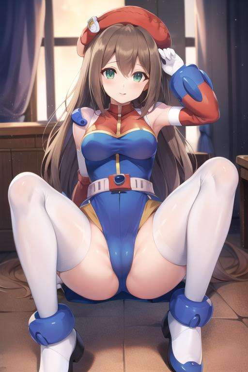 iris_megamanx, 1girl, solo, android, long hair, breasts, brown hair, hat, green eyes, white gloves, beret, white footwear, sexy pose, spread legs, arms up,masterpiece, high quality, <lora:Iris_MegaMan_X_V-06:0.9>