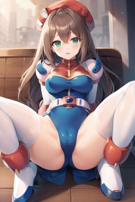 iris_megamanx, 1girl, solo, android, long hair, breasts, brown hair, hat, green eyes, white gloves, beret, spread legs, white footwear, masterpiece, high quality, <lora:Iris_MegaMan_X_V-06:0.9>