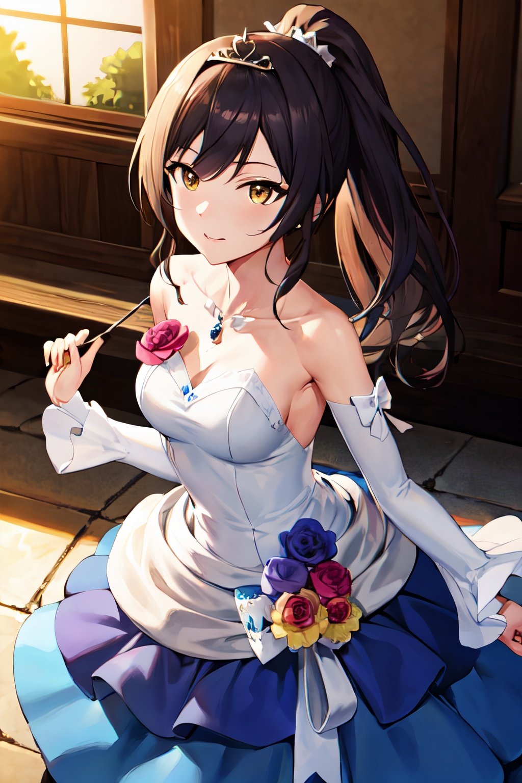 masterpiece, best quality, highres, dress, detached_sleeves, tiara, jewelery, flower, ,sakuya, ponytail, yellow eyes, black hair