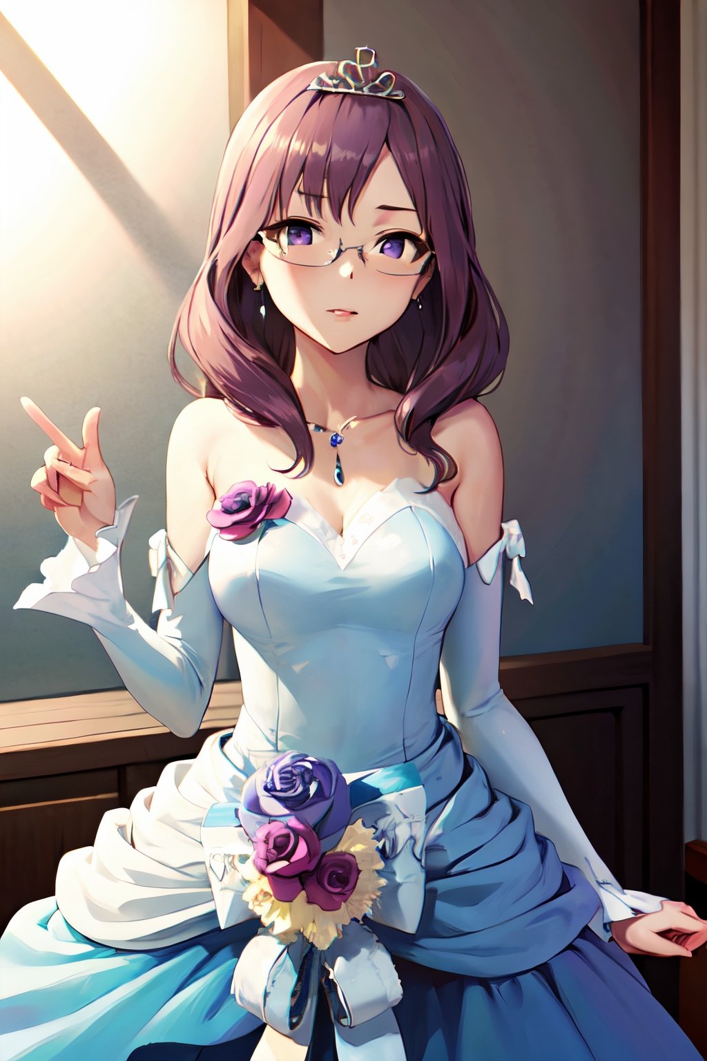 masterpiece, best quality, highres, dress, detached_sleeves, tiara, jewelery, flower, makino, purple_eyes, purple hair, glasses