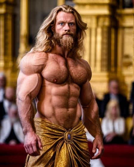 masterpiece realistic, best high quality, 1boy, short beard, manly, long blonde hair, solo, topless, muscular, upper body, nipples, pectorals, blue eyes, abs, blurry background, ornate stadium seating, embers, sparks, magic energy, tan skin, looking at viewer, arms at sides, chest forward, bodybuilder, bara, risque
