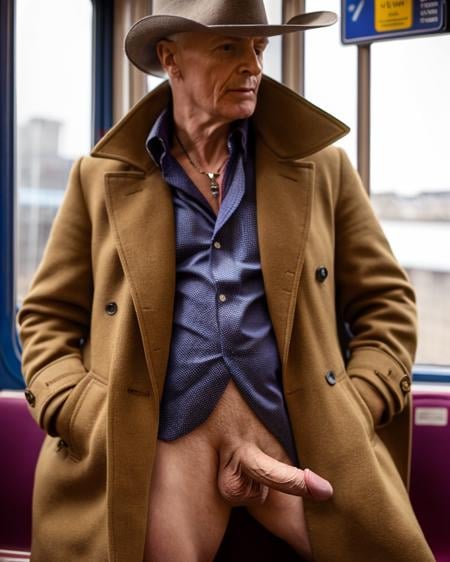 masterpiece realistic, best high quality, pervert in just an open trench coat and fedora exposing his dick on platform 13 at Manchester Piccadilly train station