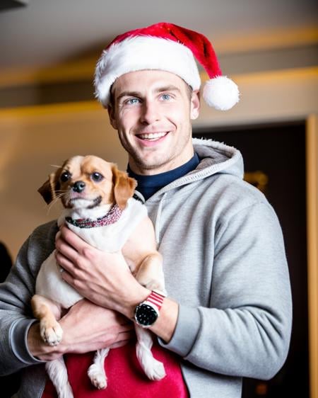 masterpiece realistic, best high quality, blue eyes, short brown hair, 1boy, wristwatch, smile, holding dogs, blurry background, stubble, solo, white fur trim santa hat, upper body, teeth, depth of field, gray hoodie jacket, indoors, looking away, christmas, open mouth, nose, parted lips, flash photography, sfw